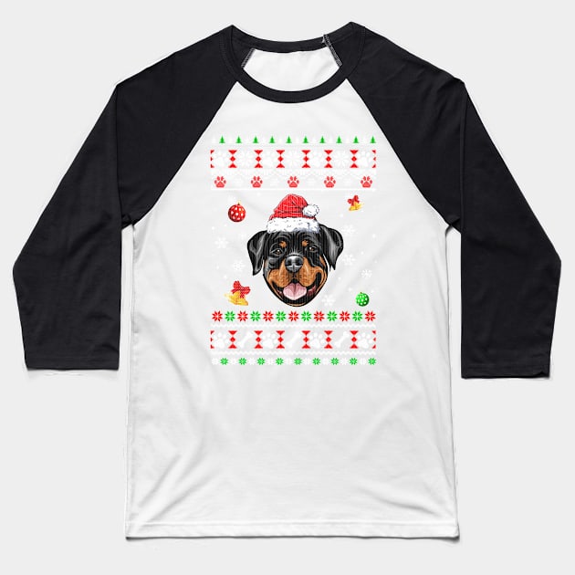 Merry Christmas Ugly Xmas Rottweiler Santa Hat Funny Baseball T-Shirt by Bruce D Hubbard